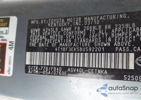 2011 Toyota Camry Le from USA, damaged, VIN 4T1BF3EK5BU592201